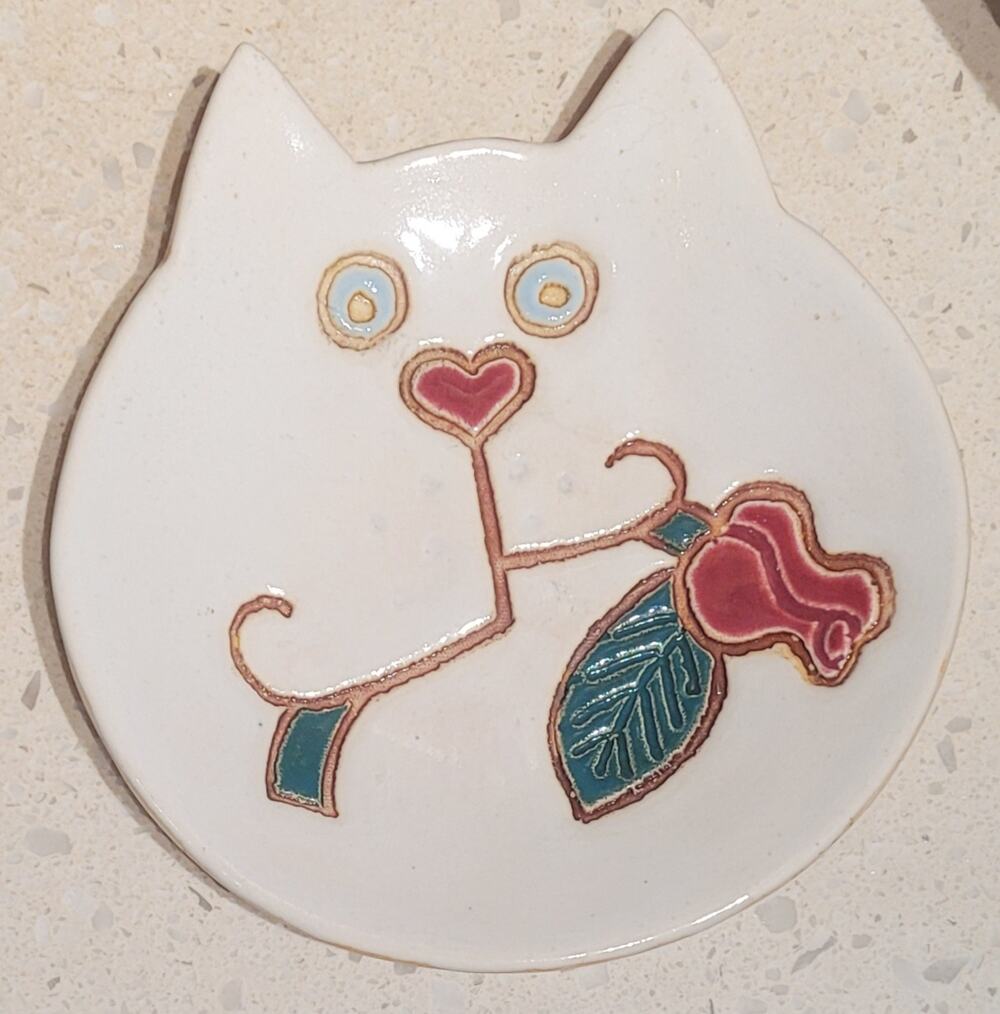 Whimsical Cat Face Heart Nose Rose Spoon Rest Ring Tinket Slab Work Dish Tray